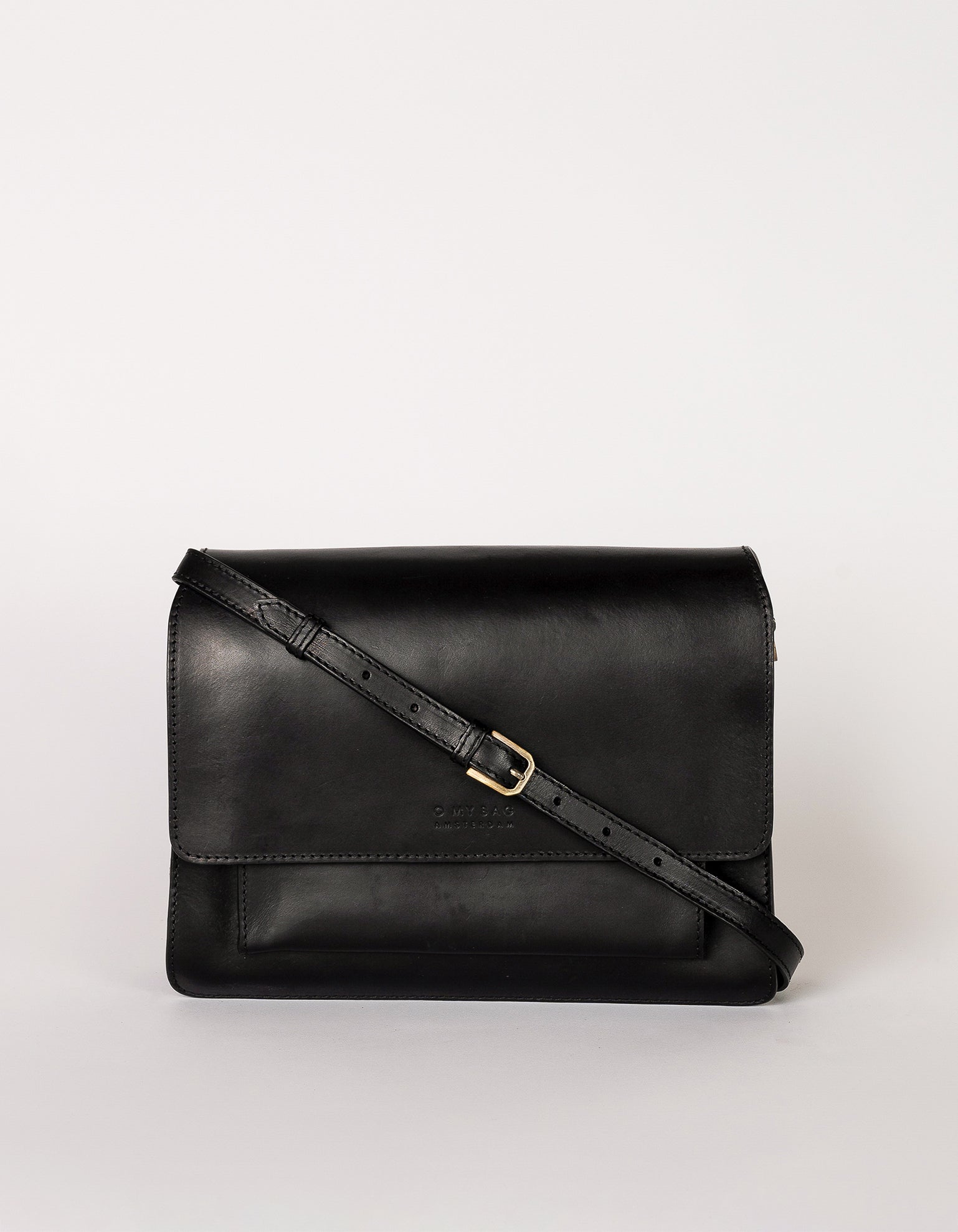 Harper Black Leather crossbody handbag. Front product image with adjustable leather strap.