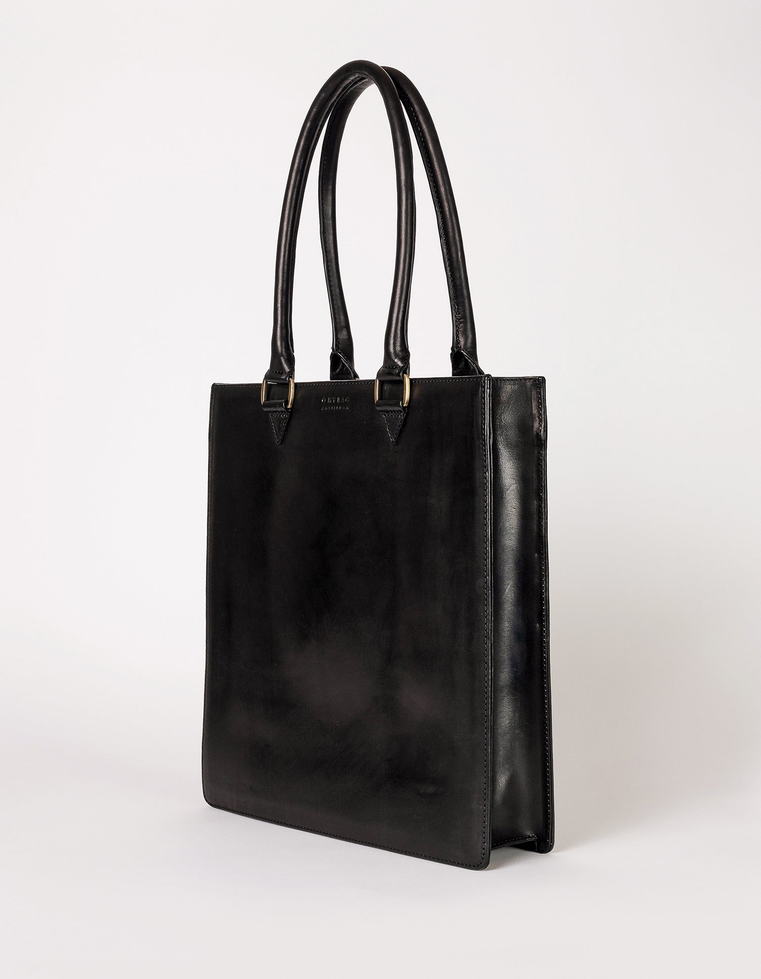 Mila Long Handle Black Classic Leather. Large rectangular shopper for women. Side product image.