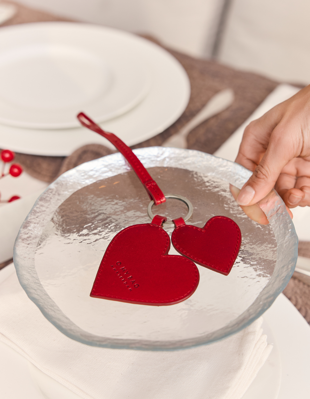 Hearts Bag Charm - Red Glazed Leather