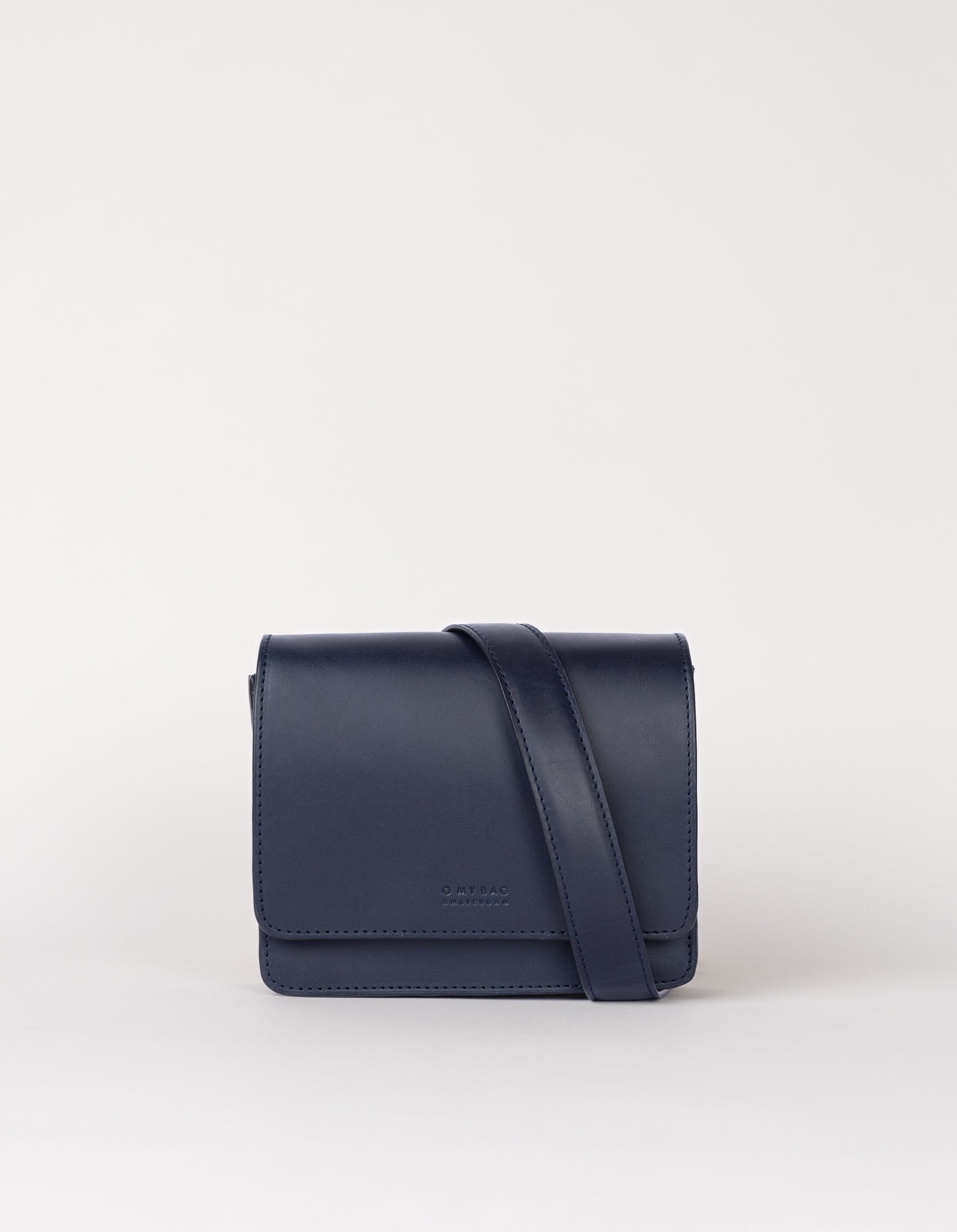 Front product image of Audrey Mini midnight blue classic leather crossbody bag with shoulder leather strap