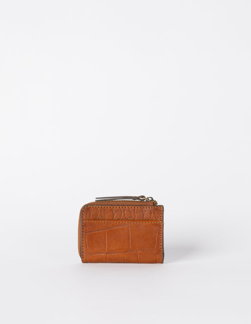 Small Cognac Croco coin purse. Square shape. Back image.