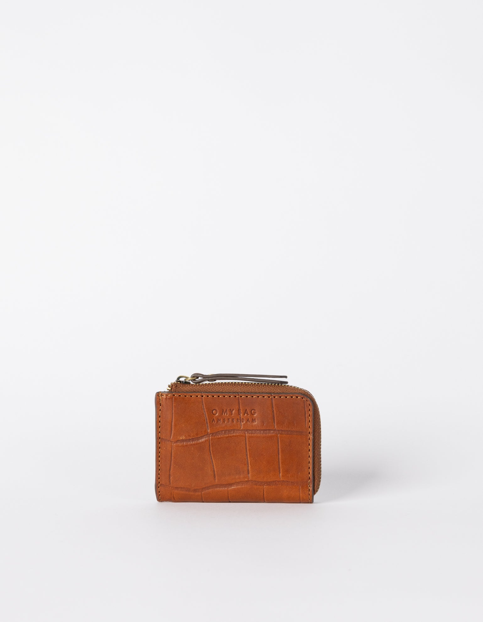 Small Cognac Croco coin purse. Square shape. Front image.