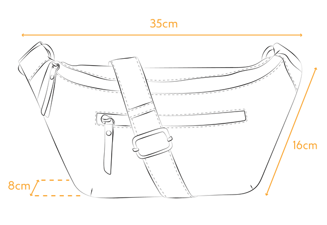 Specifications image with dimensions of Drew bum bag