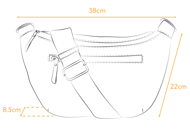 Specifications image with dimensions of Drew Maxi bum bag