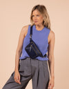 Model image showcasing Beck's Bum Bag midnight blue classic leather fanny pack with adjustable leather strap