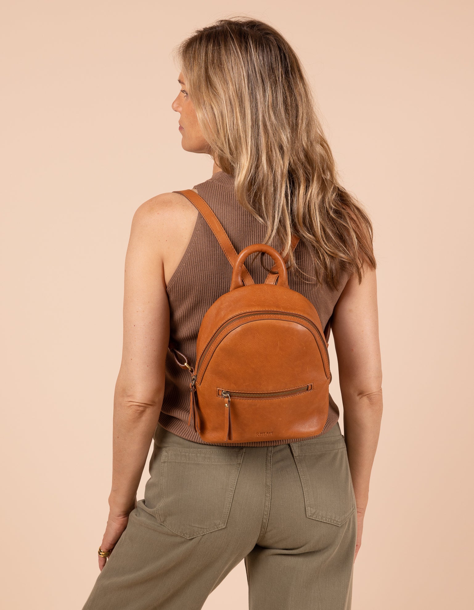 Model image showcasing Ivy wild oak soft grain leather backpack