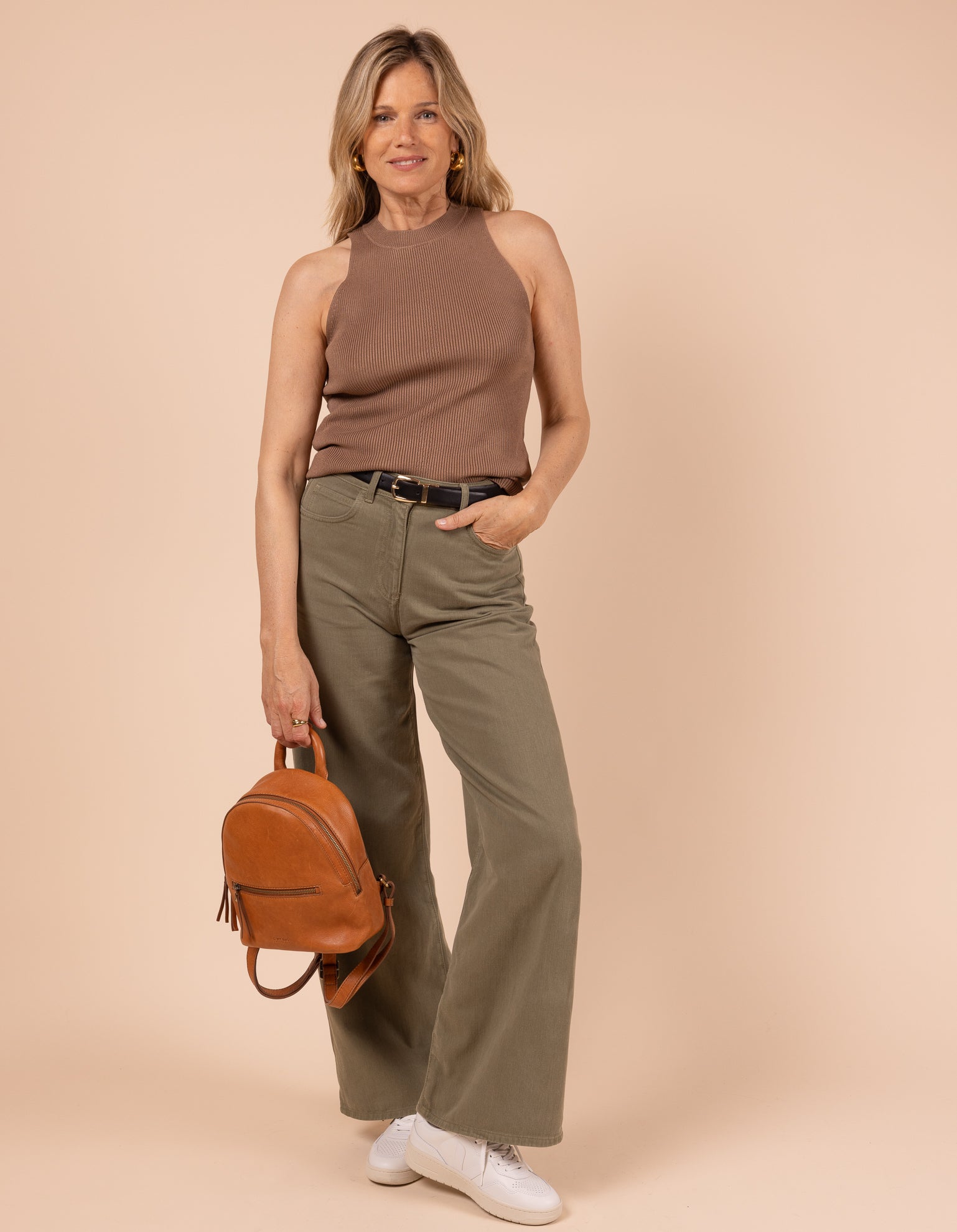 Model image showcasing Ivy wild oak soft grain leather backpack