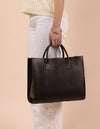 Rectangle shaped black leather tote bag model image