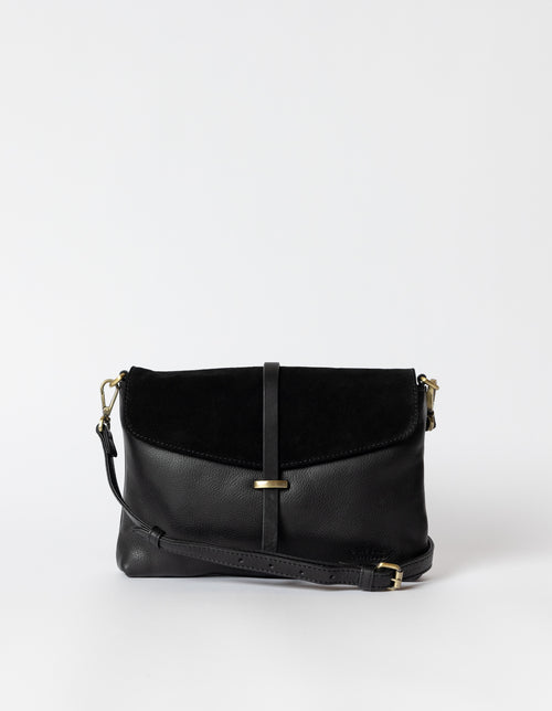 Black Soft Grain & Suede leather womens handbag. Square shape with an adjustable strap. Front product image