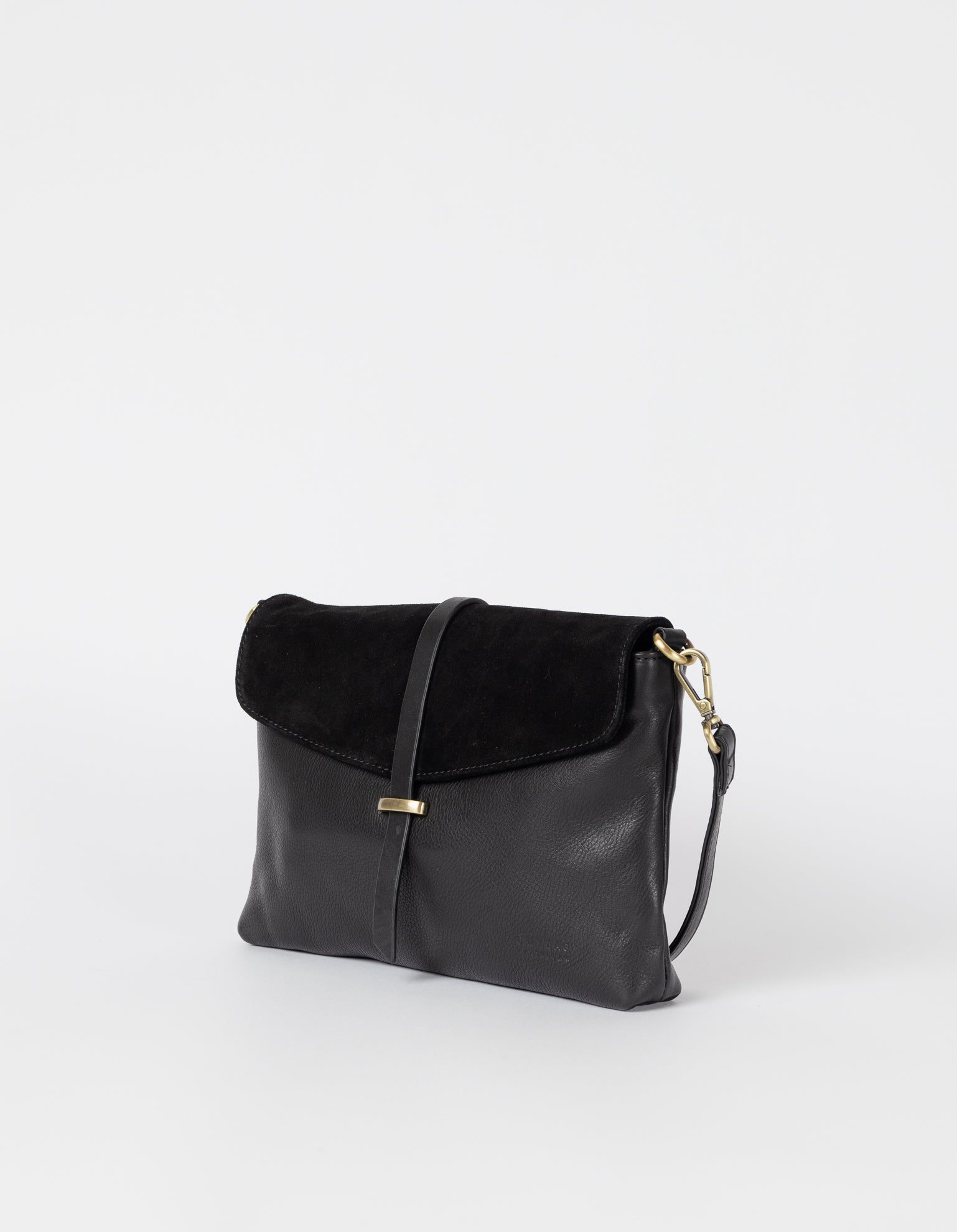 Black Soft Grain & Suede leather womens handbag. Square shape with an adjustable strap. Side product image