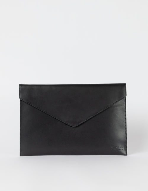 Black Leather 13'' laptop sleeve. Front product image.