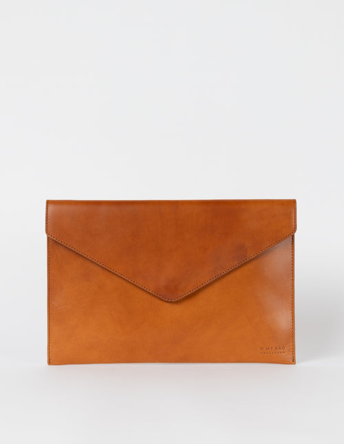 Cognac Leather 13'' laptop sleeve. Front product image.