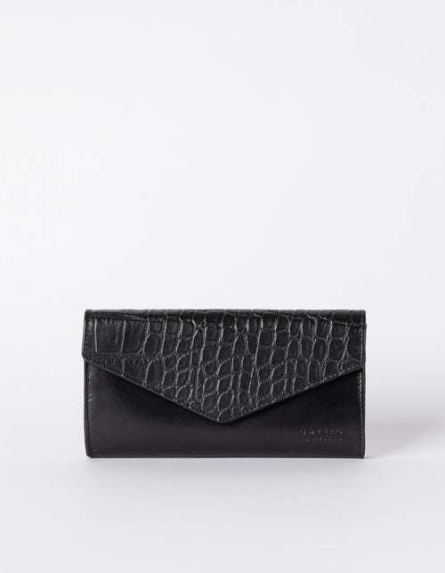 Black Croco wallet. Envelope shape. Front product image.
