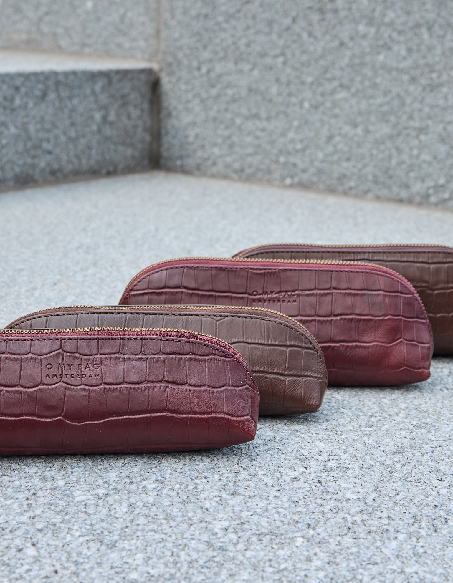 Pencil Case Small - Dark Cherry Croco Print Leather