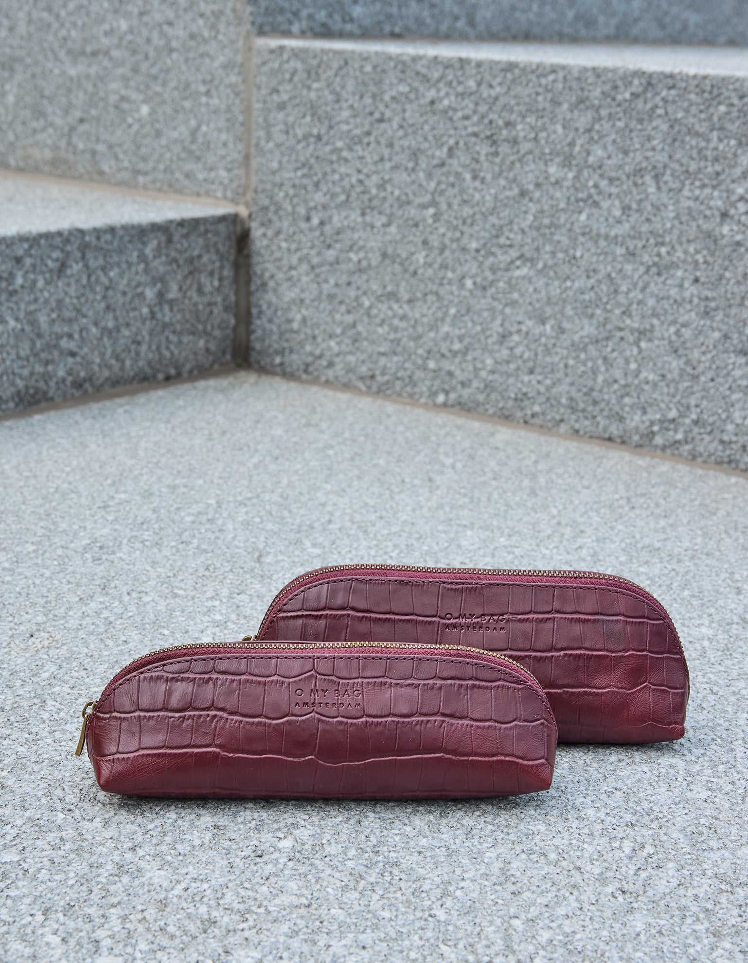 Pencil Case Small - Dark Cherry Croco Print Leather