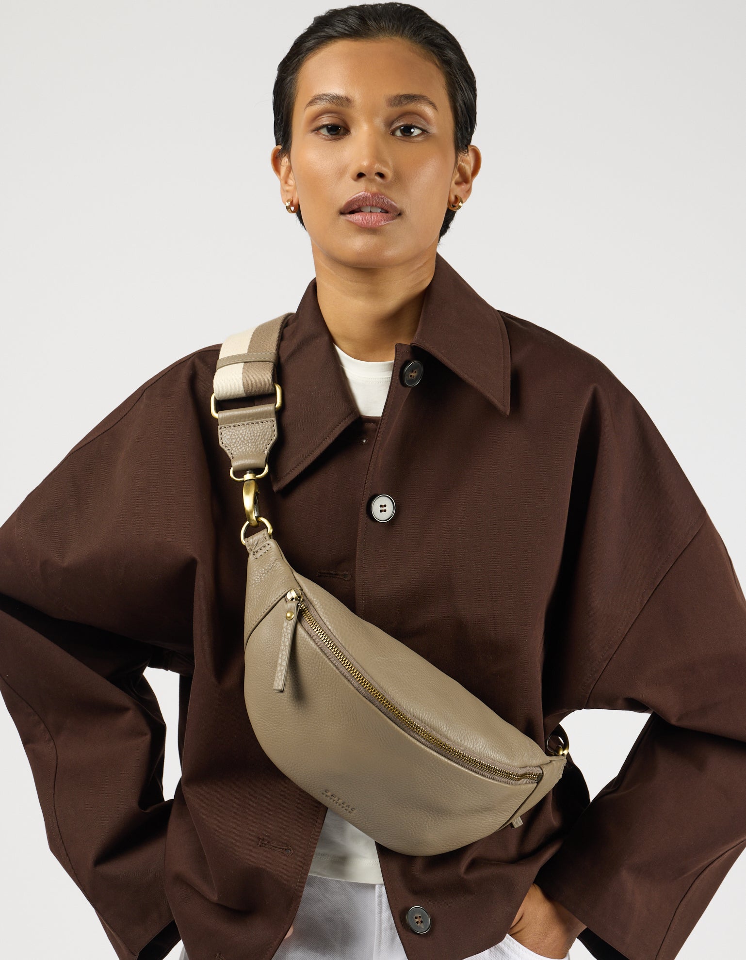 Niko Bum Bag w/Webbing Strap Striped - Clay Soft Grain Leather