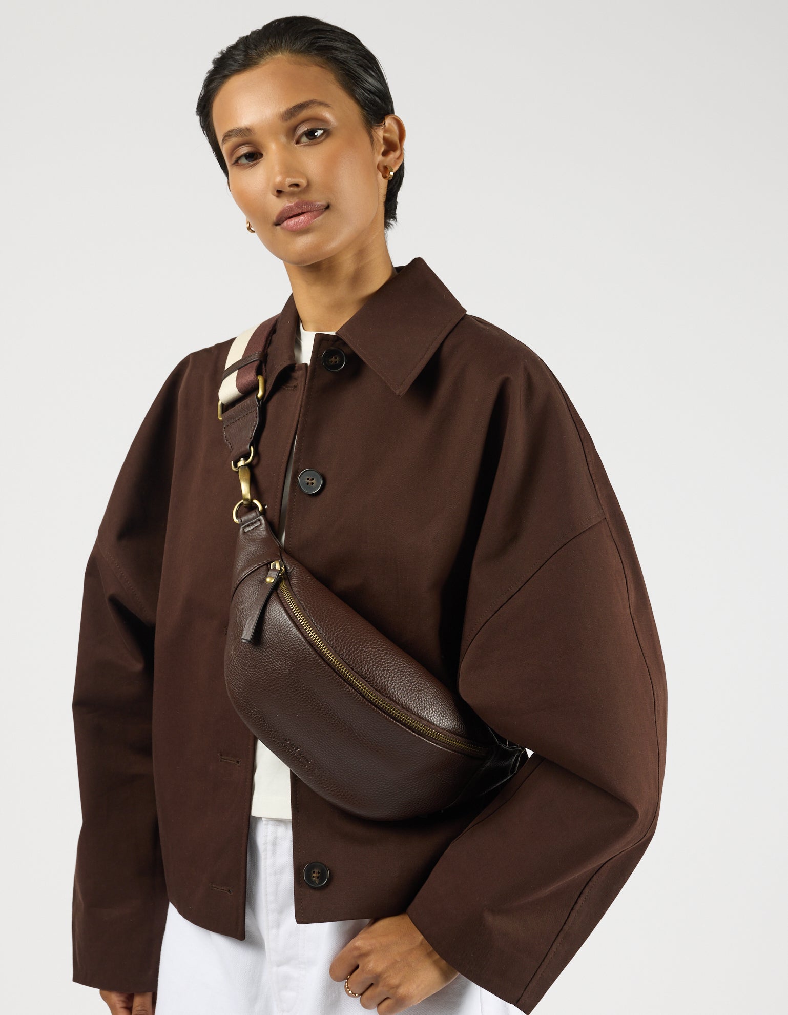 Niko Bum Bag w/Webbing Strap Striped - Chocolate Soft Grain Leather