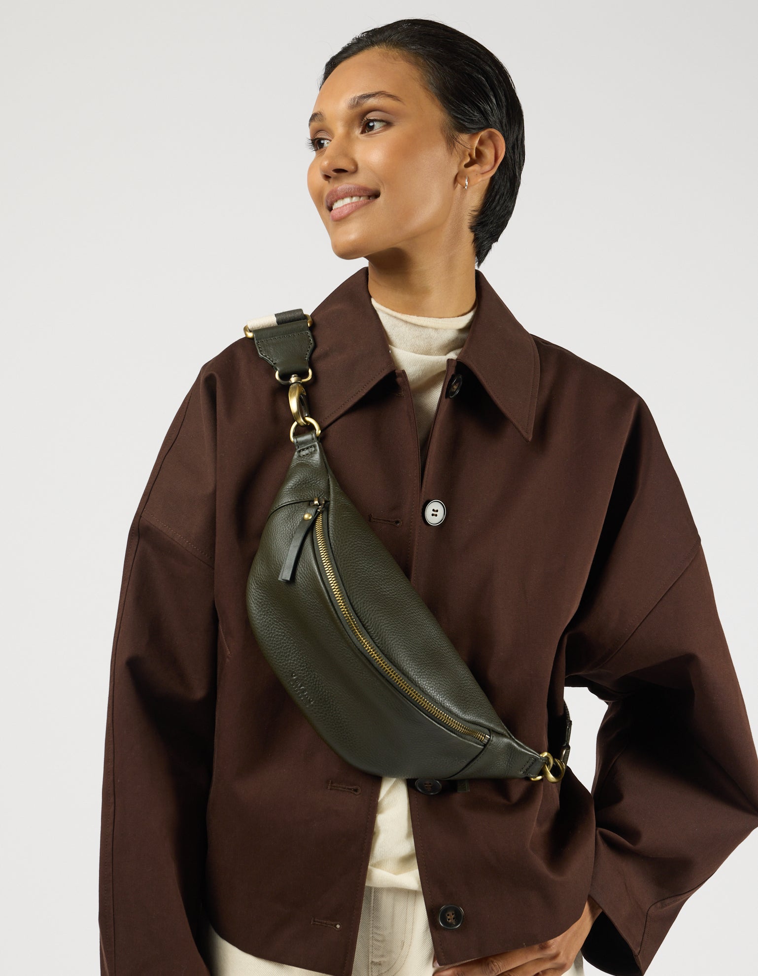 Niko Bum Bag w/Webbing Strap Striped - Moss Soft Grain Leather