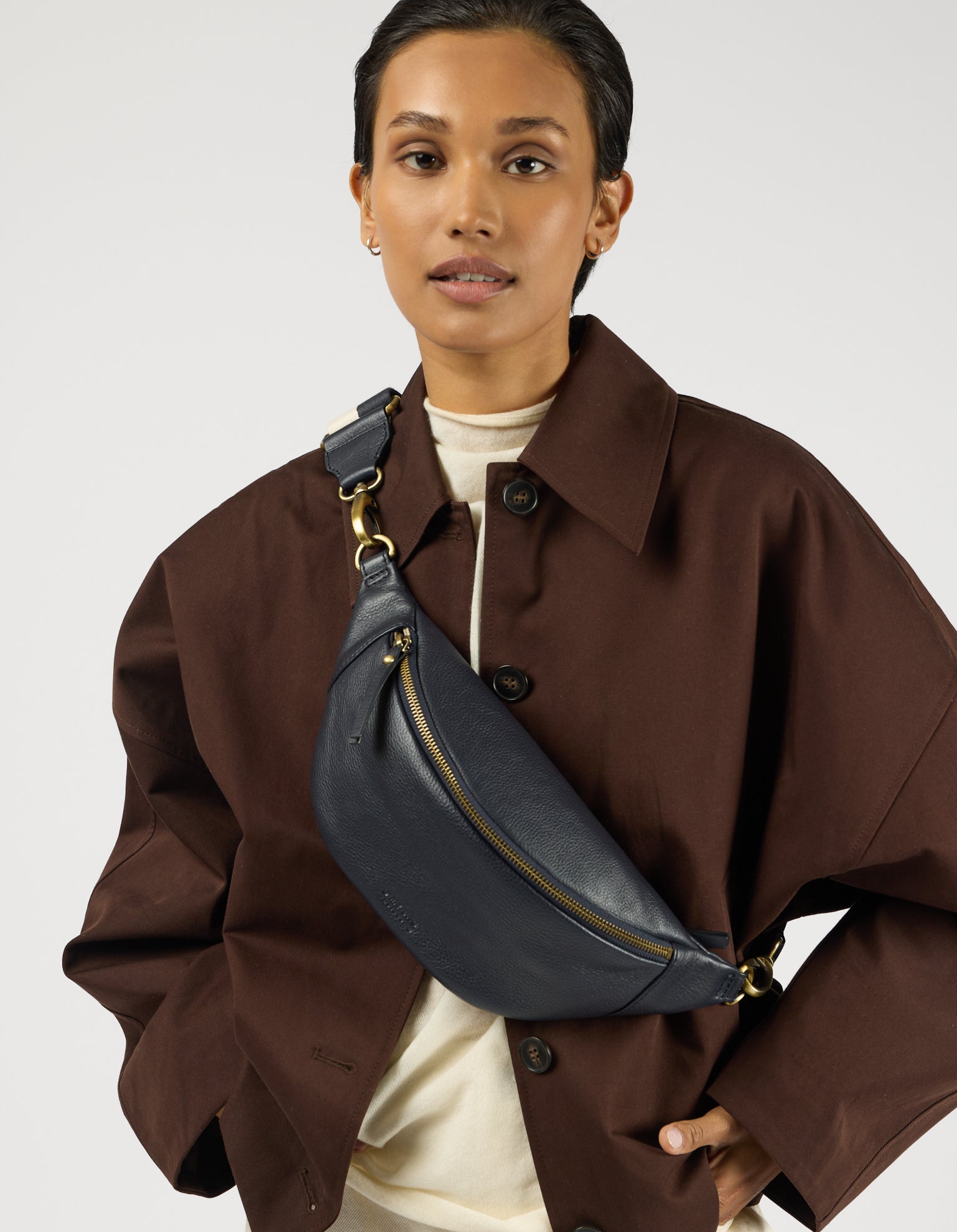 Niko Bum Bag w/Webbing Strap Striped - Universe Blue Soft Grain Leather