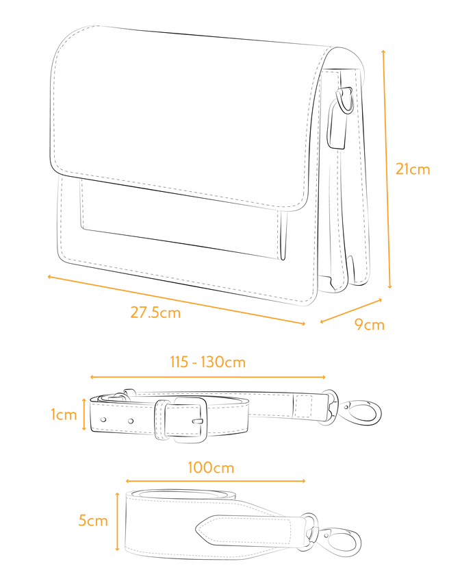 Specifications image with dimensions of Harper bag