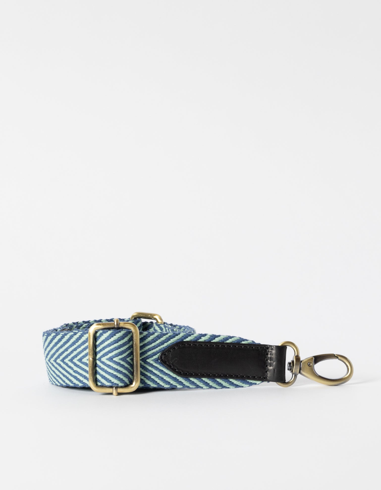 Recycled and organic cotton jade webbing strap with black leather