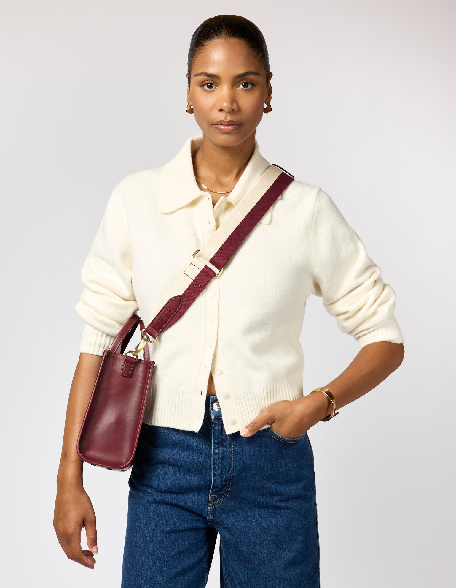 Jackie Midi + Webbing Strap - Kersenrood Klassiek Leer