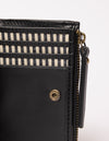 opened black wallet on white background - close up zipper handle and inside of the wallet