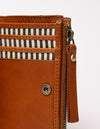 opened cognac wallet on white background - close up of closed zipper handle and inside flap