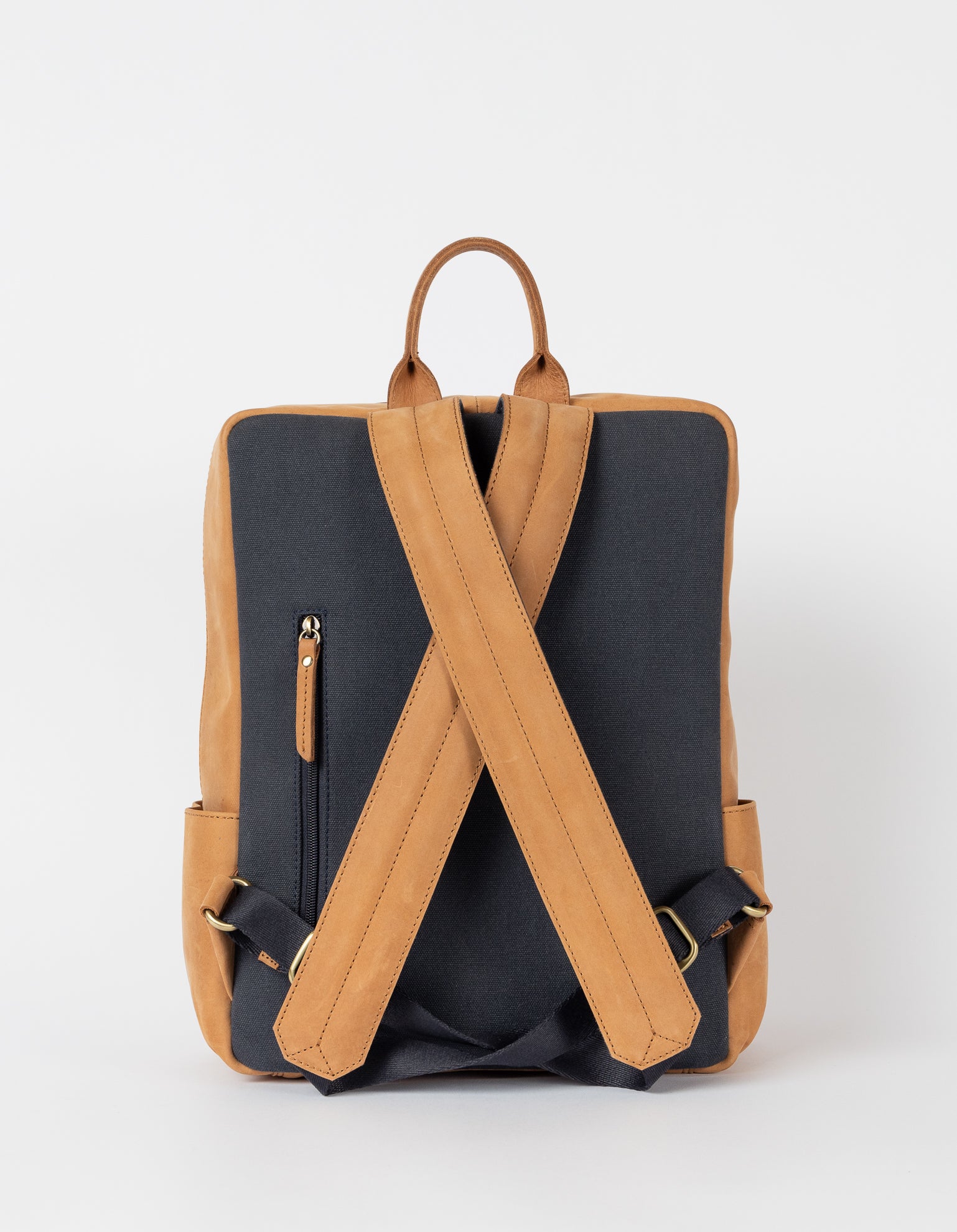 Camel Leather backpack. Back product image.