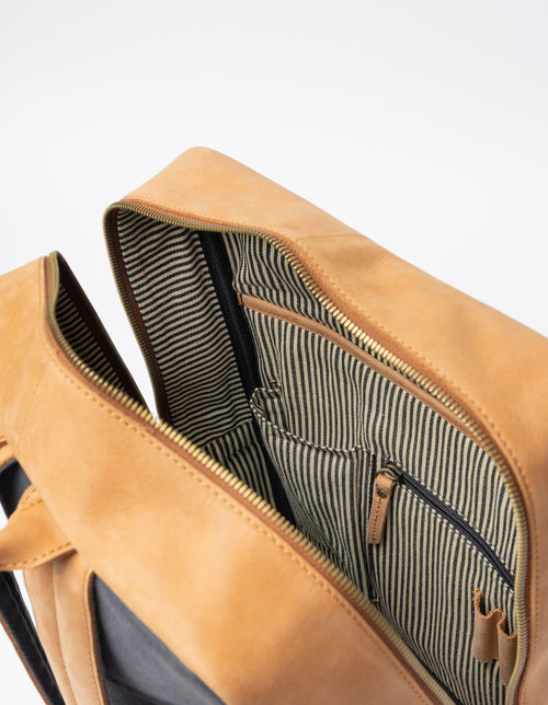Camel Leather backpack. Inside product image.
