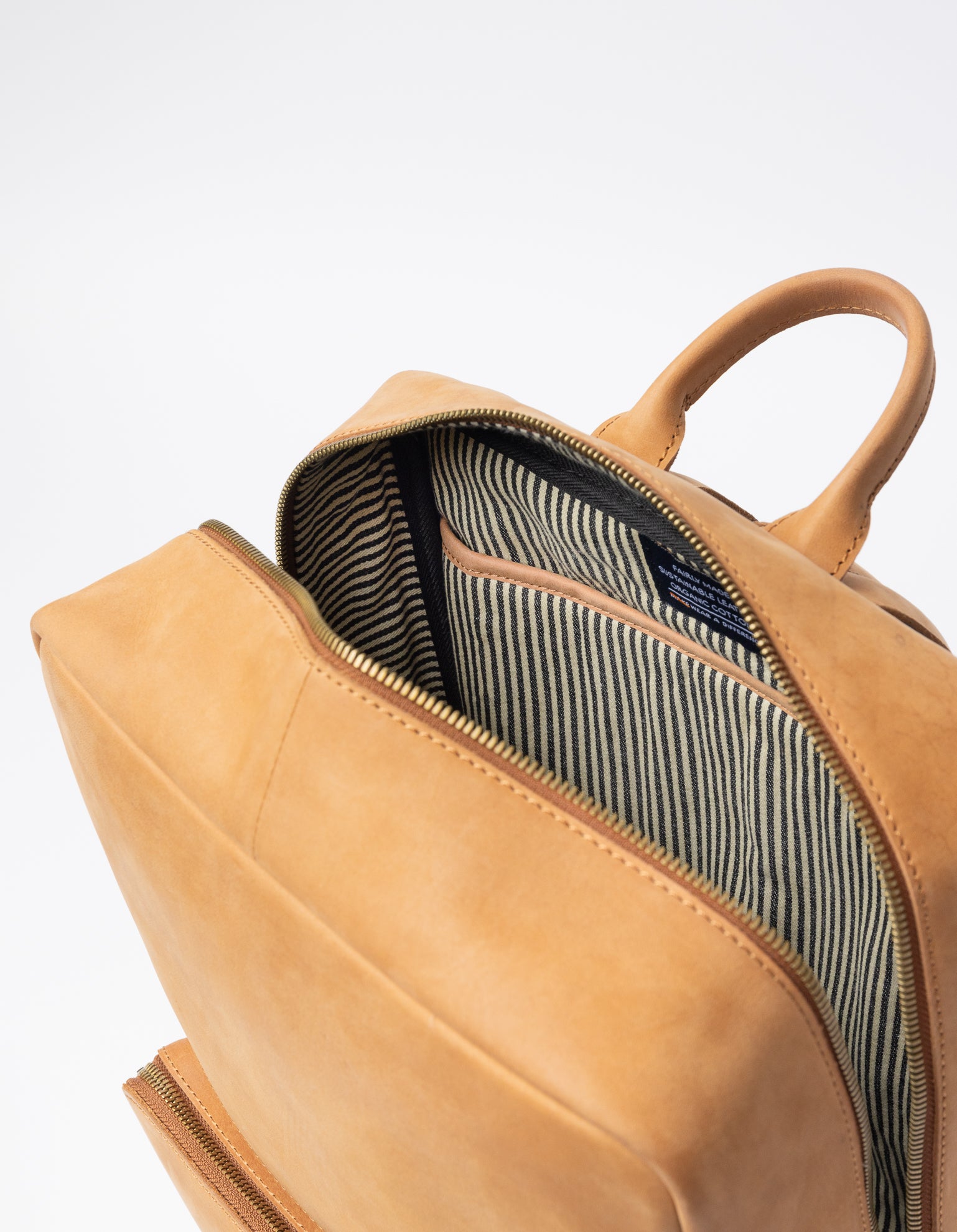 Camel Leather backpack. Inside product image.