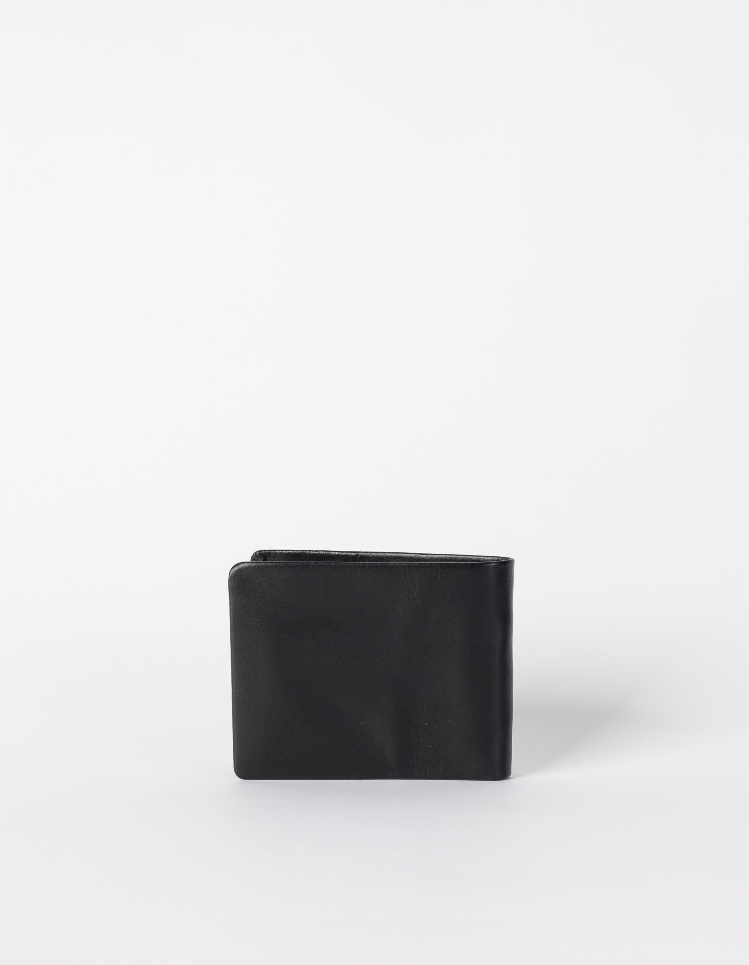 Black Leather fold over wallet. Square shape. Back product image.
