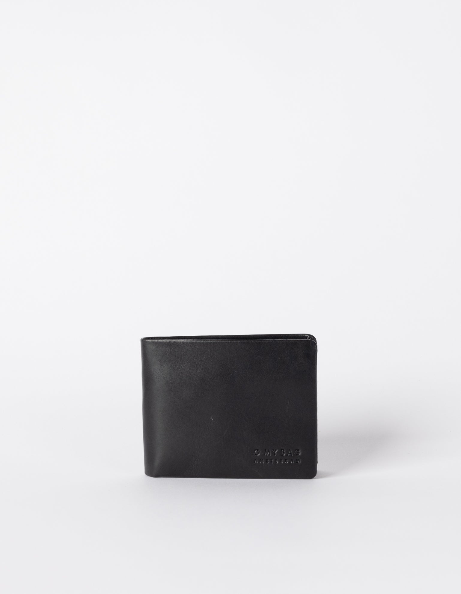 Black Leather fold over wallet. Square shape. Front product image.