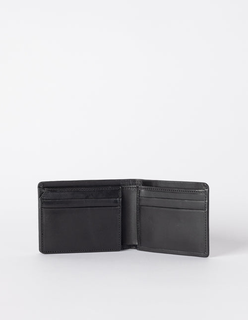 Black Leather fold over wallet. Square shape. Inside product image.