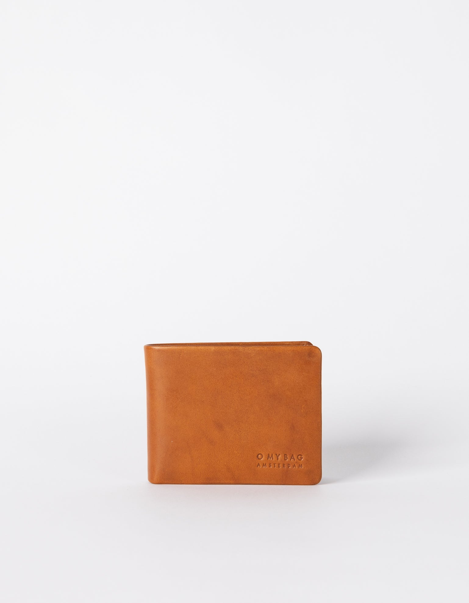 Cognac Leather fold over wallet. Square shape. Front product image.