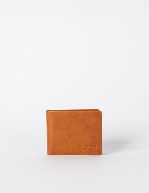 Cognac Leather fold over wallet. Square shape. Front product image.