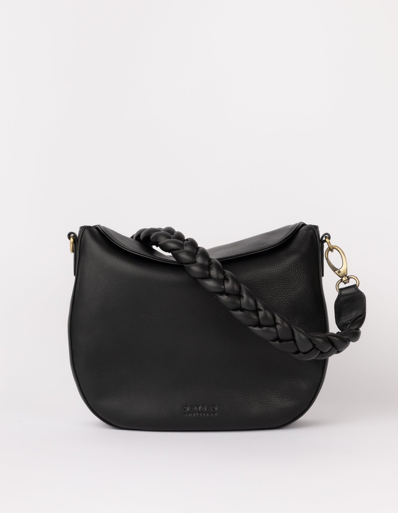 Front product image of Lana black soft grain leather crossbody bag with braided shoulder strap