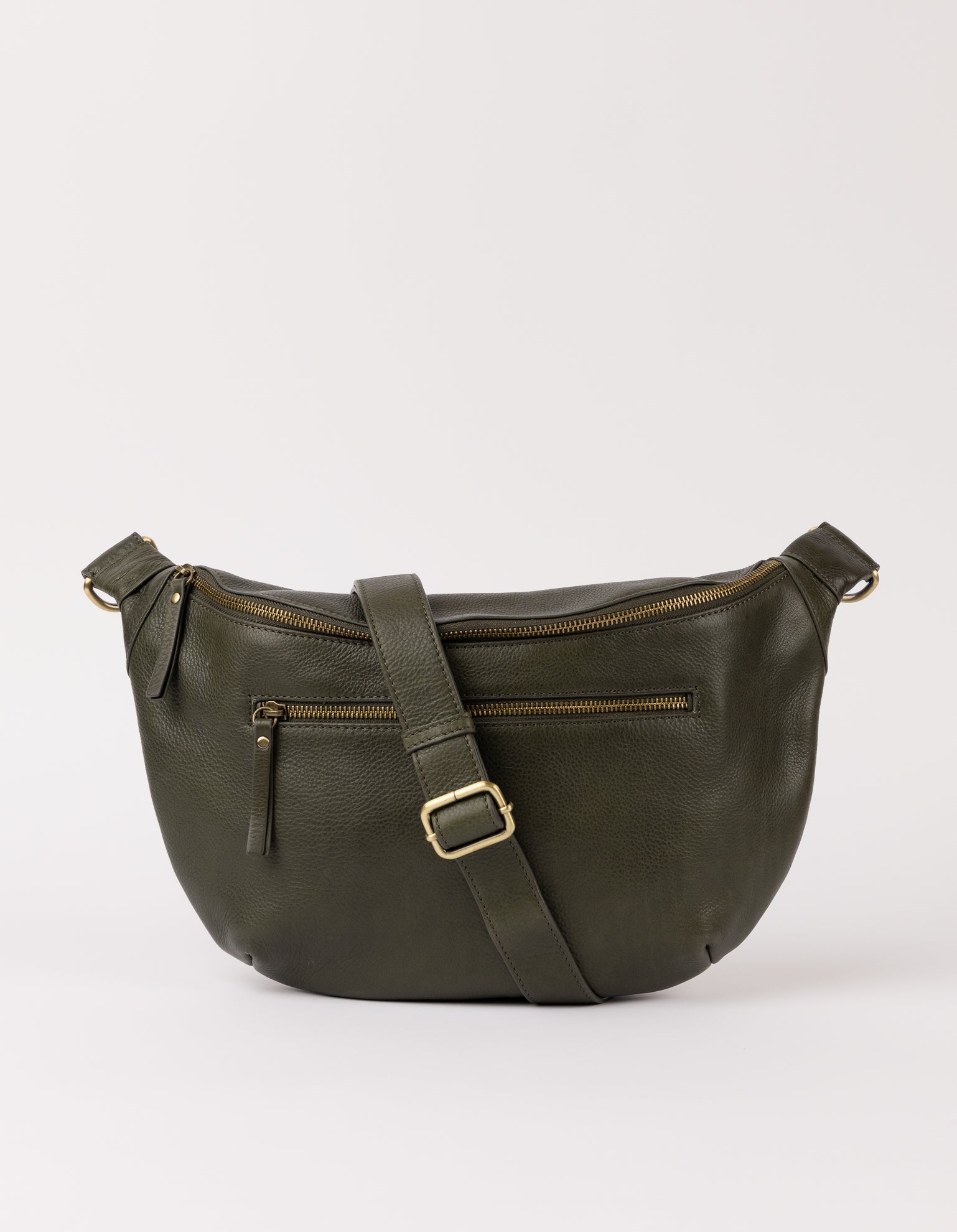 Front product image of Drew Maxi dark olive soft grain leather large fanny pack with adjustable leather strap