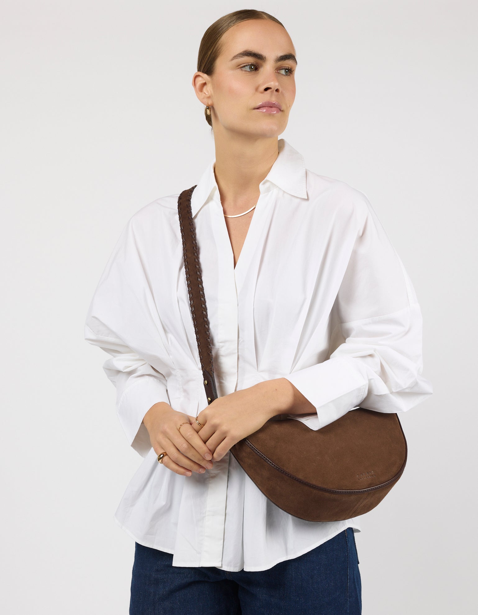 Leo Midi Crossbody Strap - Chocolate Suède with Classic Leather