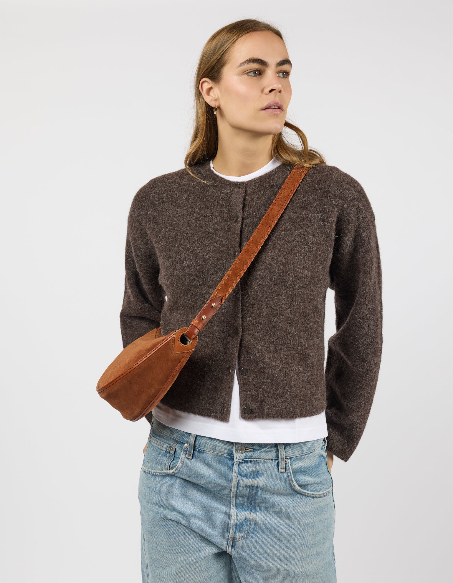 Leo Midi Crossbody Strap - Cognac Suède with Classic Leather