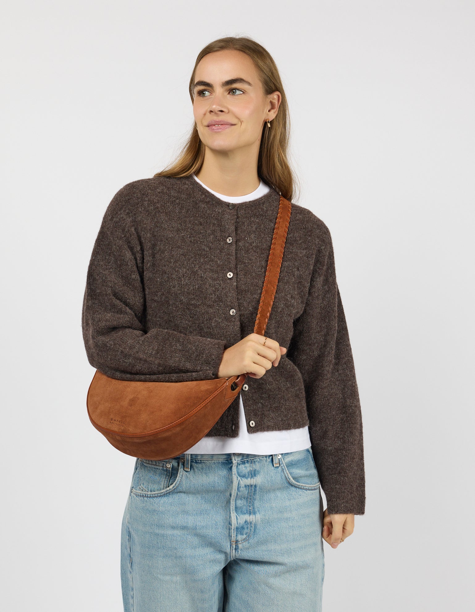 Leo Midi Crossbody Strap - Cognac Suède with Classic Leather
