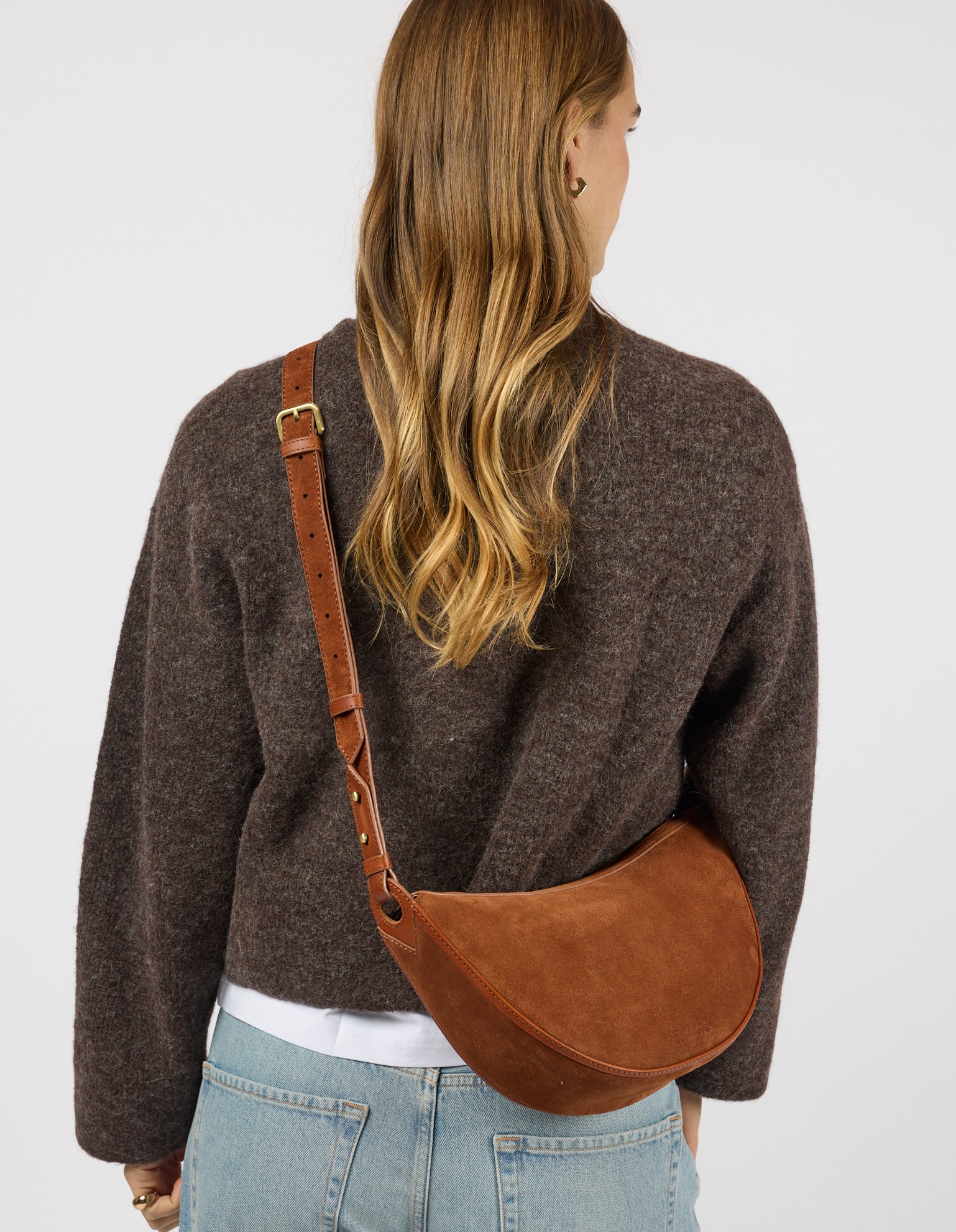 Leo Midi Crossbody Strap - Cognac Suède with Classic Leather