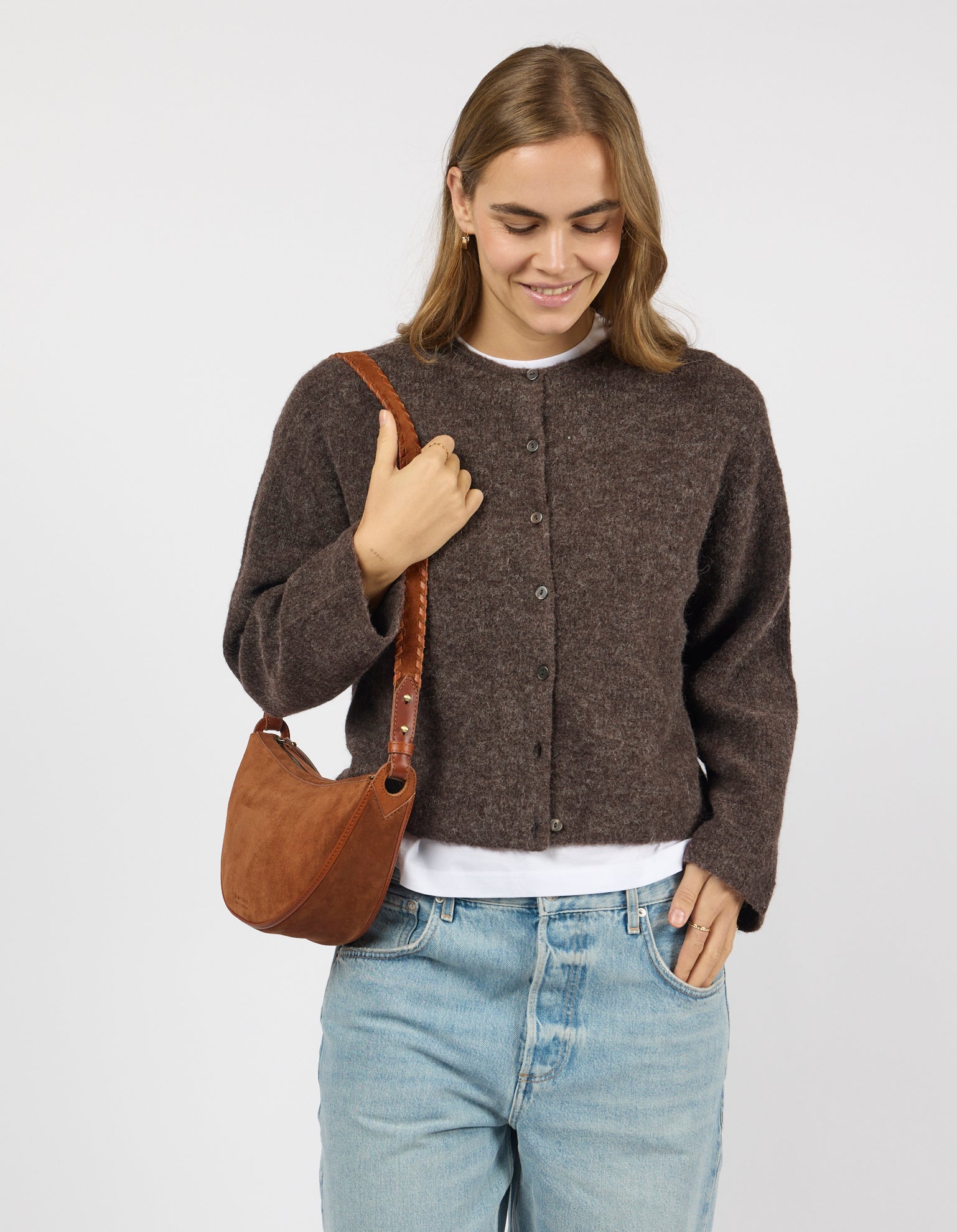 Leo Midi Crossbody Strap - Cognac Suède with Classic Leather