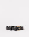 Rolled black belt strap with buckle on white background