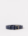 Rolled navy blue bag strap with buckle on white background