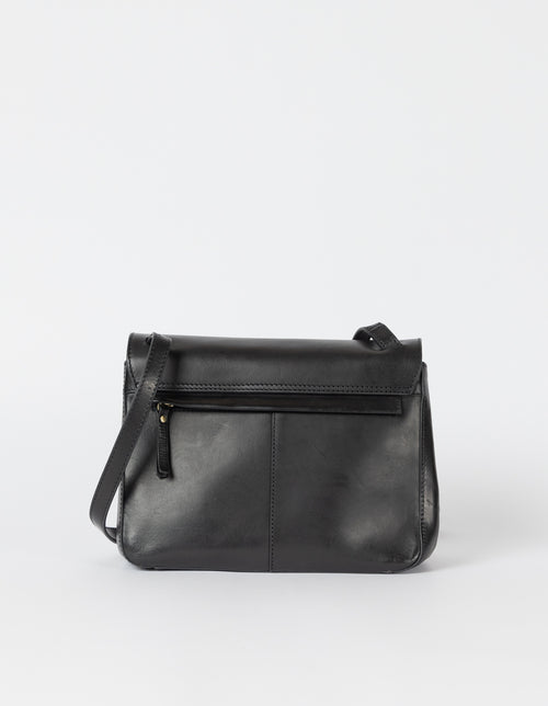 Lucy in black classic leather. Crossbody handbag. Back product image.