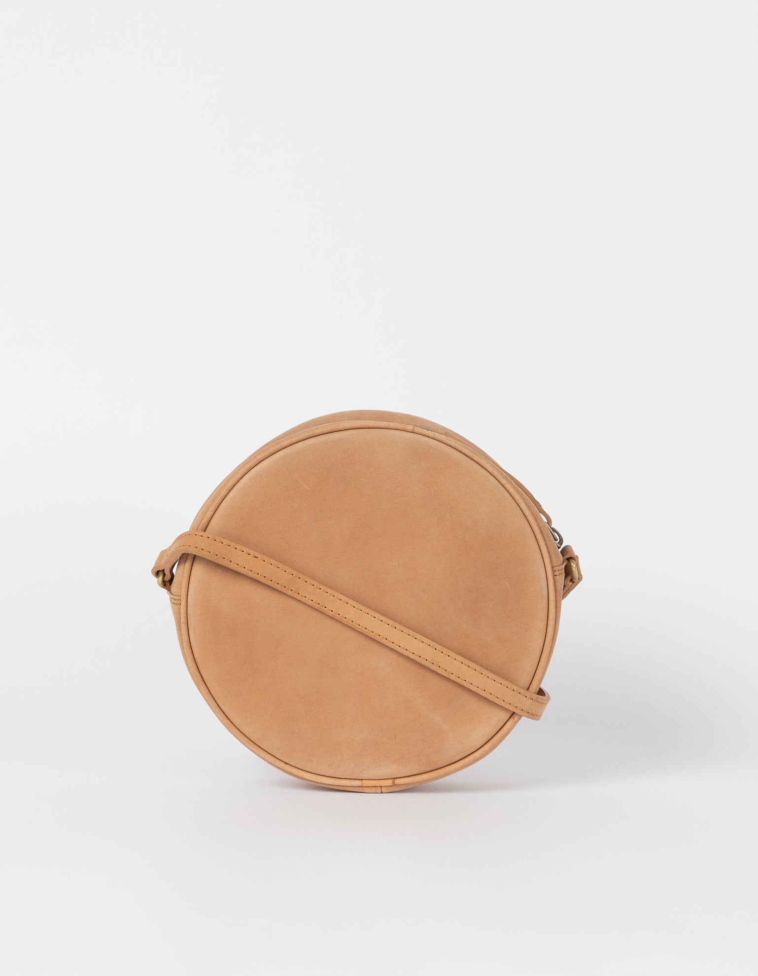 Luna Bag Camel Hunter Leather. Circular crossbody bag for women. Back product image.