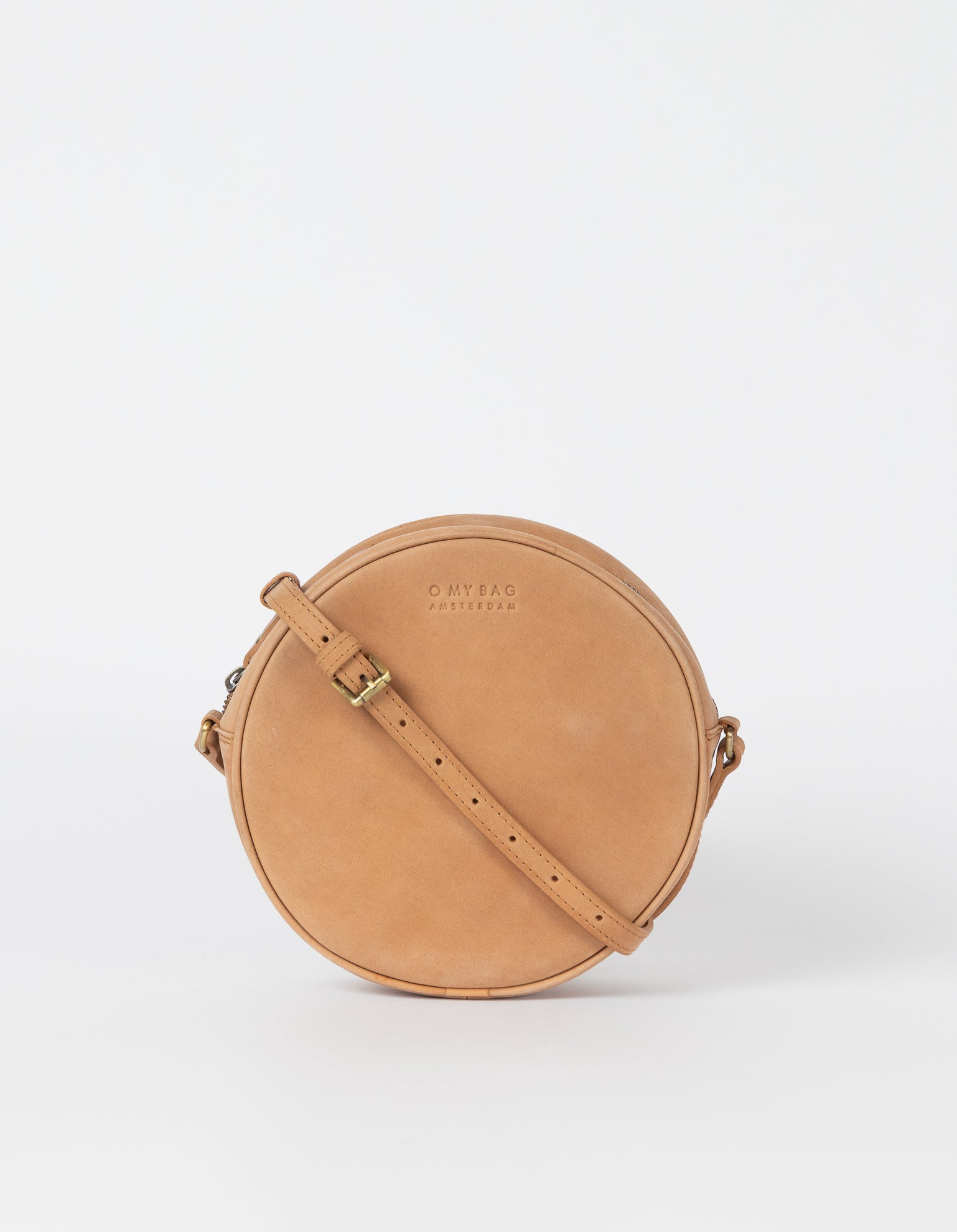 Luna Bag Camel Hunter Leather. Circular crossbody bag for women. Front product image.