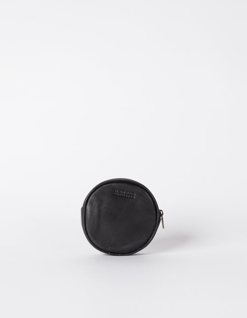 Luna Purse Black Soft Grain Leather. Circular coin purse, wallet for men and women. Front product image.