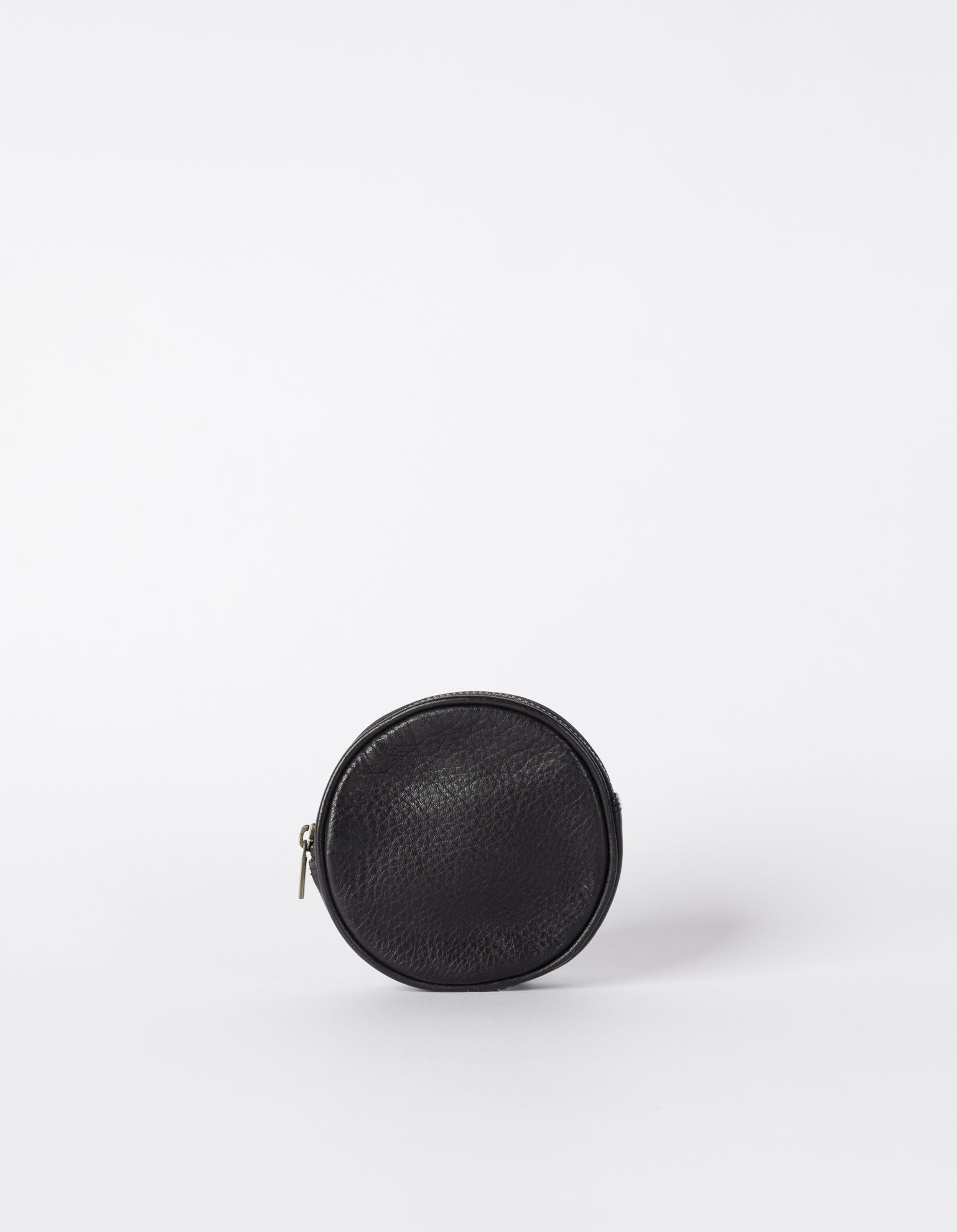 Luna Purse Black Soft Grain Leather. Circular coin purse, wallet for men and women. Back product image.